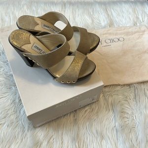 Jimmy Choo Ulrika Gold Leather Wooden Platform Slide Sandals